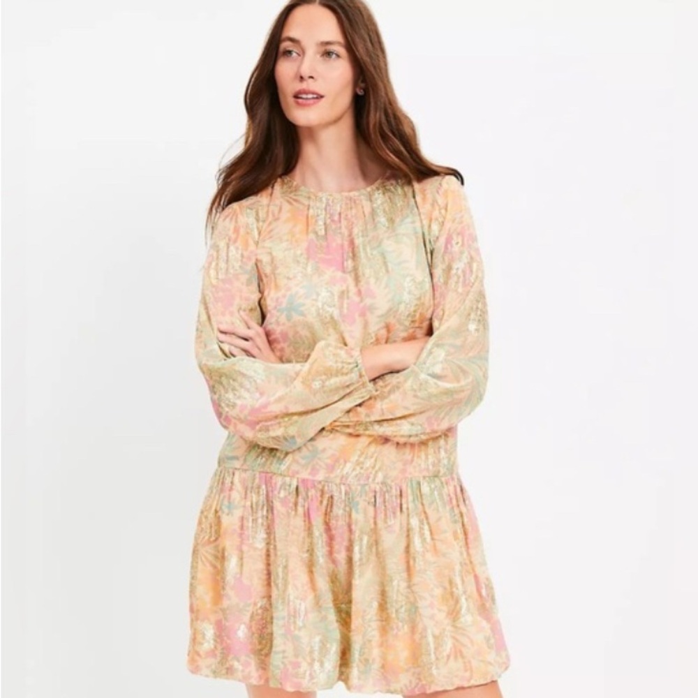 LOFT Women's Shimmer Floral Dress with Bubble Hem, Size Medium